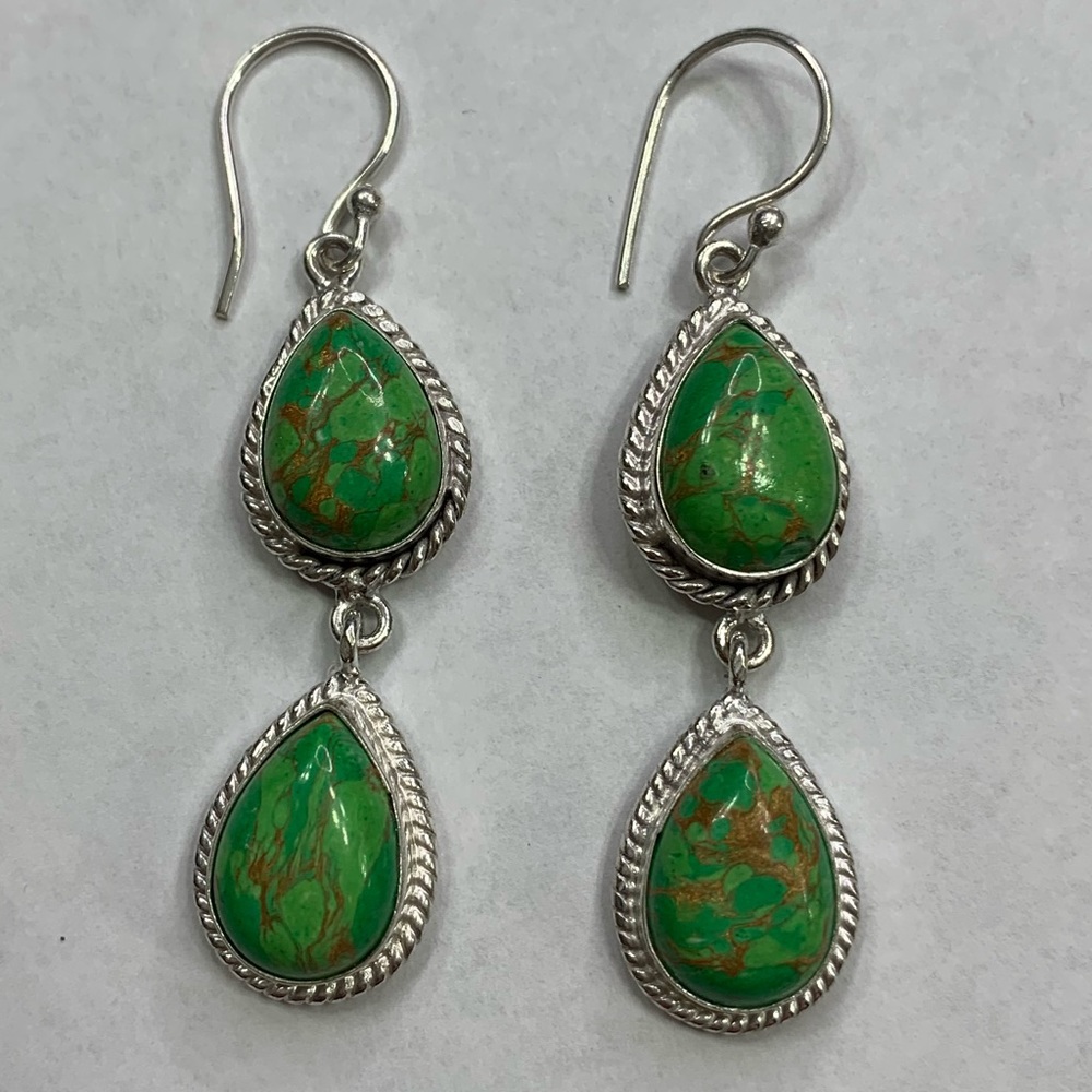 Green Copper Turquoise 2 Drop Earrings Handmade